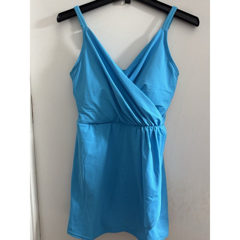 Lands’ End Swim Dress Tulip Wrap Aqua Blue Size Small 6-8